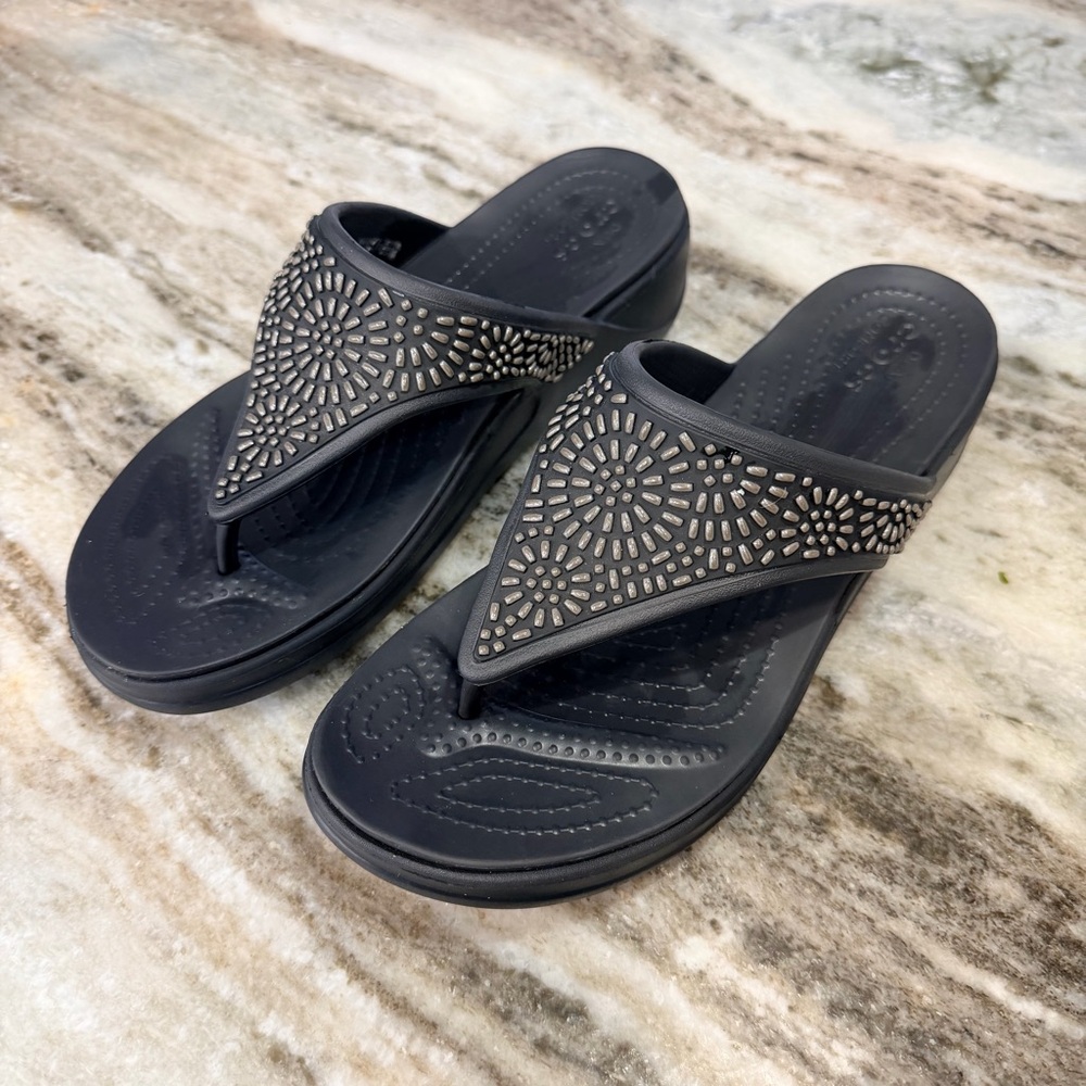Crocs Monterrey Diamante Wedge Sandals Black W10